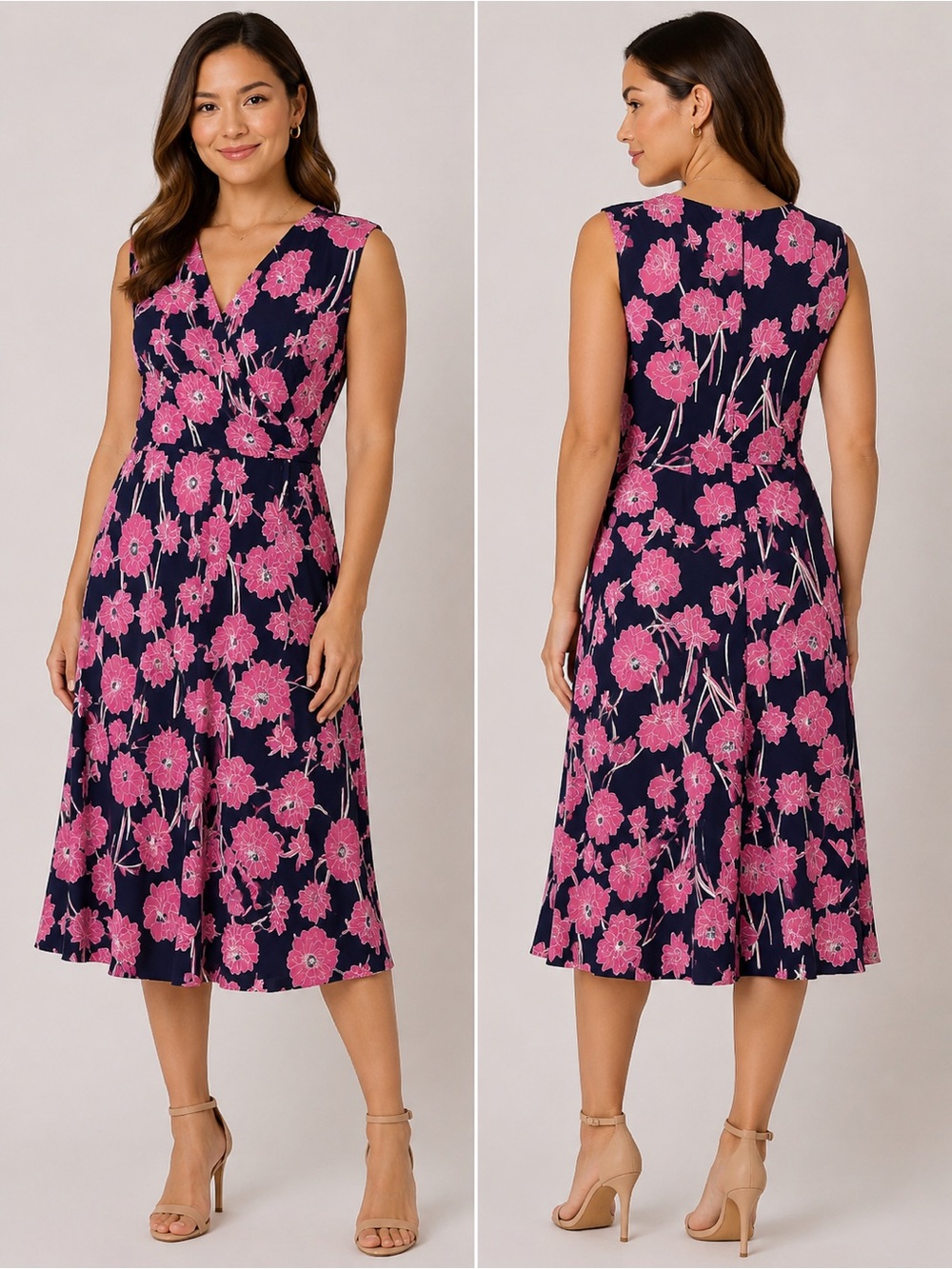 Ivanka Trump Floral Faux Wrap Dress – Navy & Pink – Size Medium